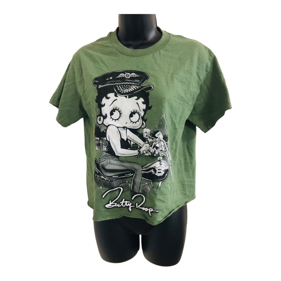 Betty Boop green betty on motorcycle graphic print cropped rolled hem tshirt - Picture 2 of 11